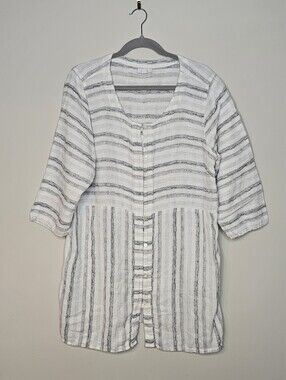 Pure Jill Linen Cotton Blend Tunic Top Striped White Gray Size XL Lagen